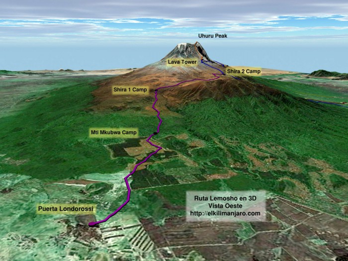 Vista 3D de la ruta Lemosho de ascensión al Kilimanjaro
